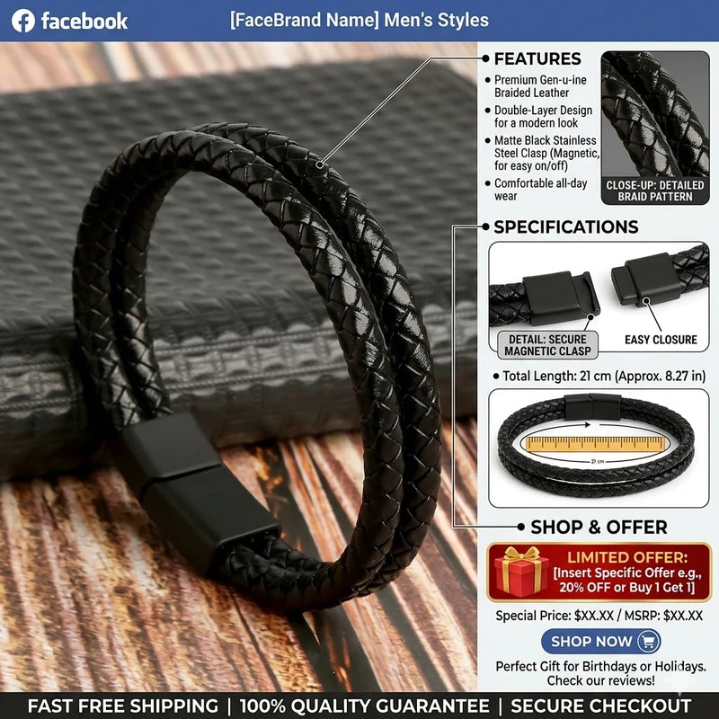 Black PU Leather Magnetic Bracelet Men's Mature