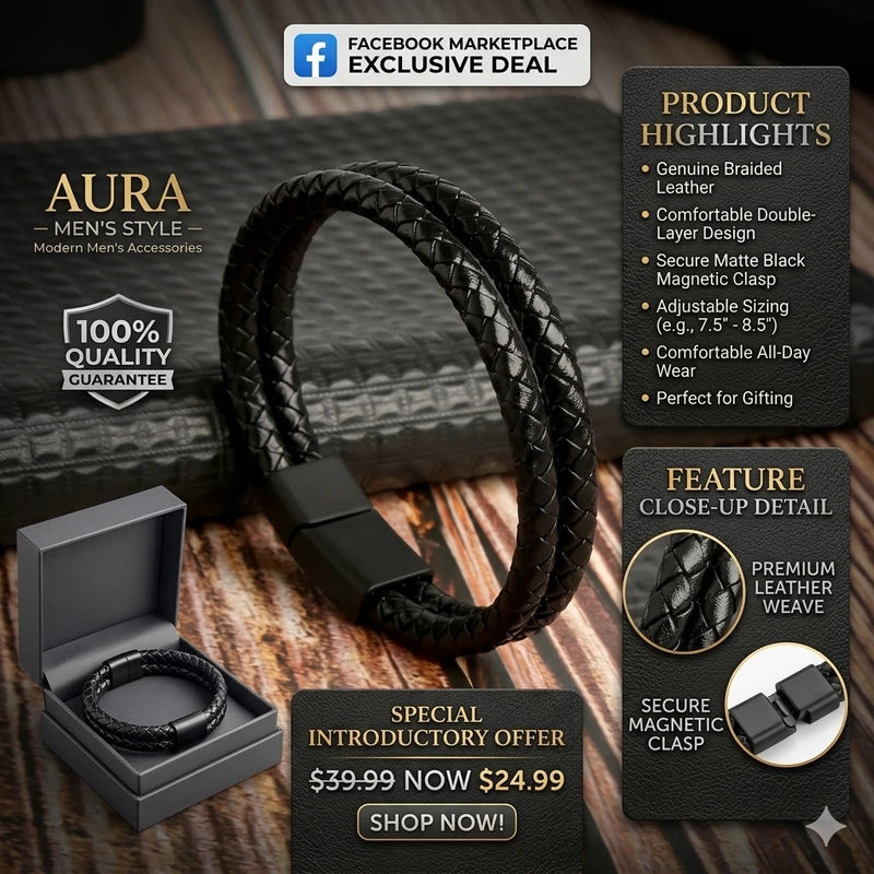 Black PU Leather Magnetic Bracelet Men's Mature