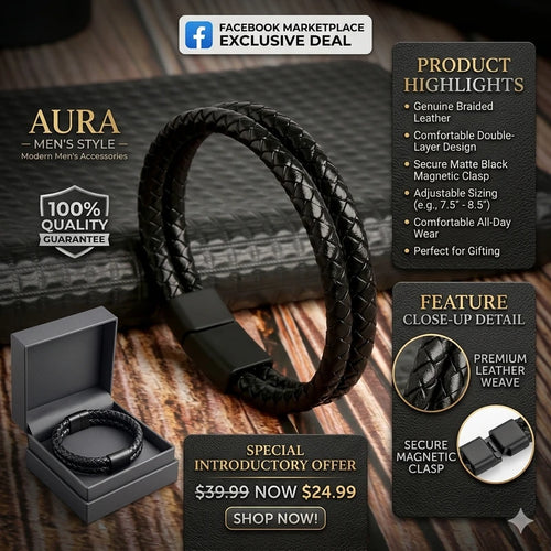 Black PU Leather Magnetic Bracelet Men's Mature