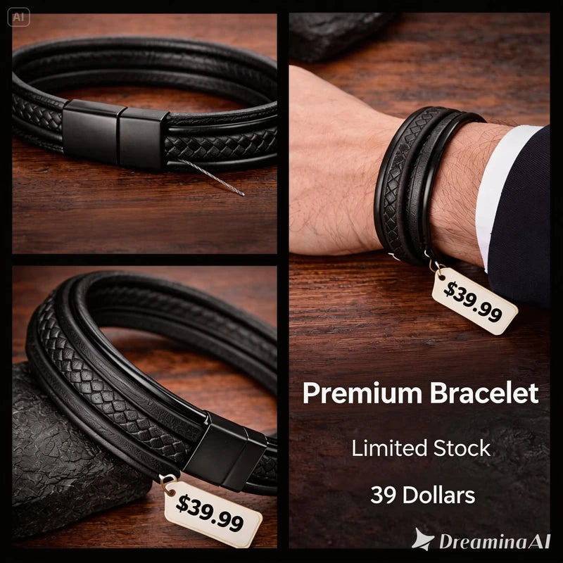 Black PU Leather Magnetic Bracelet Men's Mature 4
