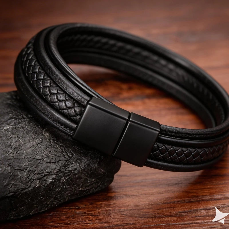 Black PU Leather Magnetic Bracelet Men's Mature 4