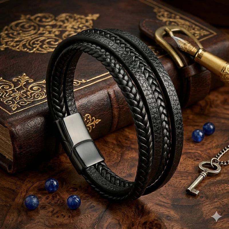 Black PU Leather Magnetic Bracelet Men's Mature 5