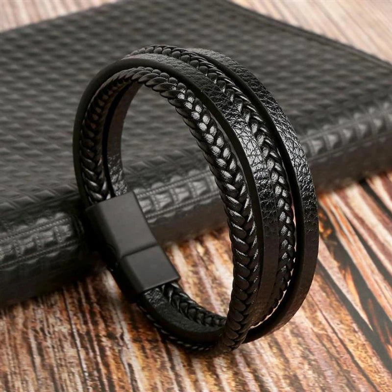 Black PU Leather Magnetic Bracelet Men's Mature 5