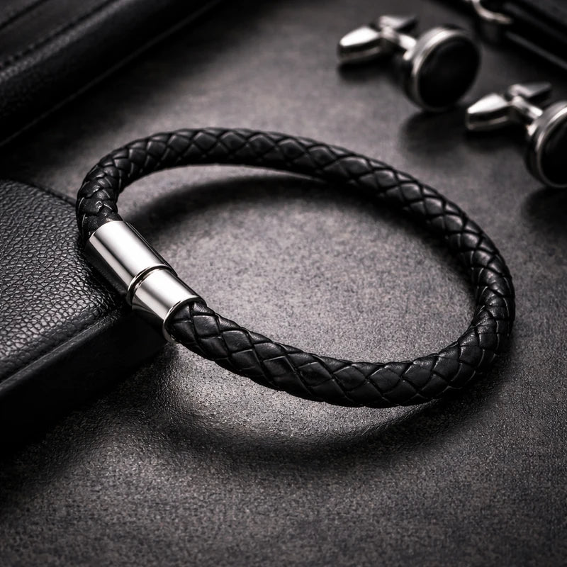 Black PU Leather Magnetic Bracelet Men's Mature 6